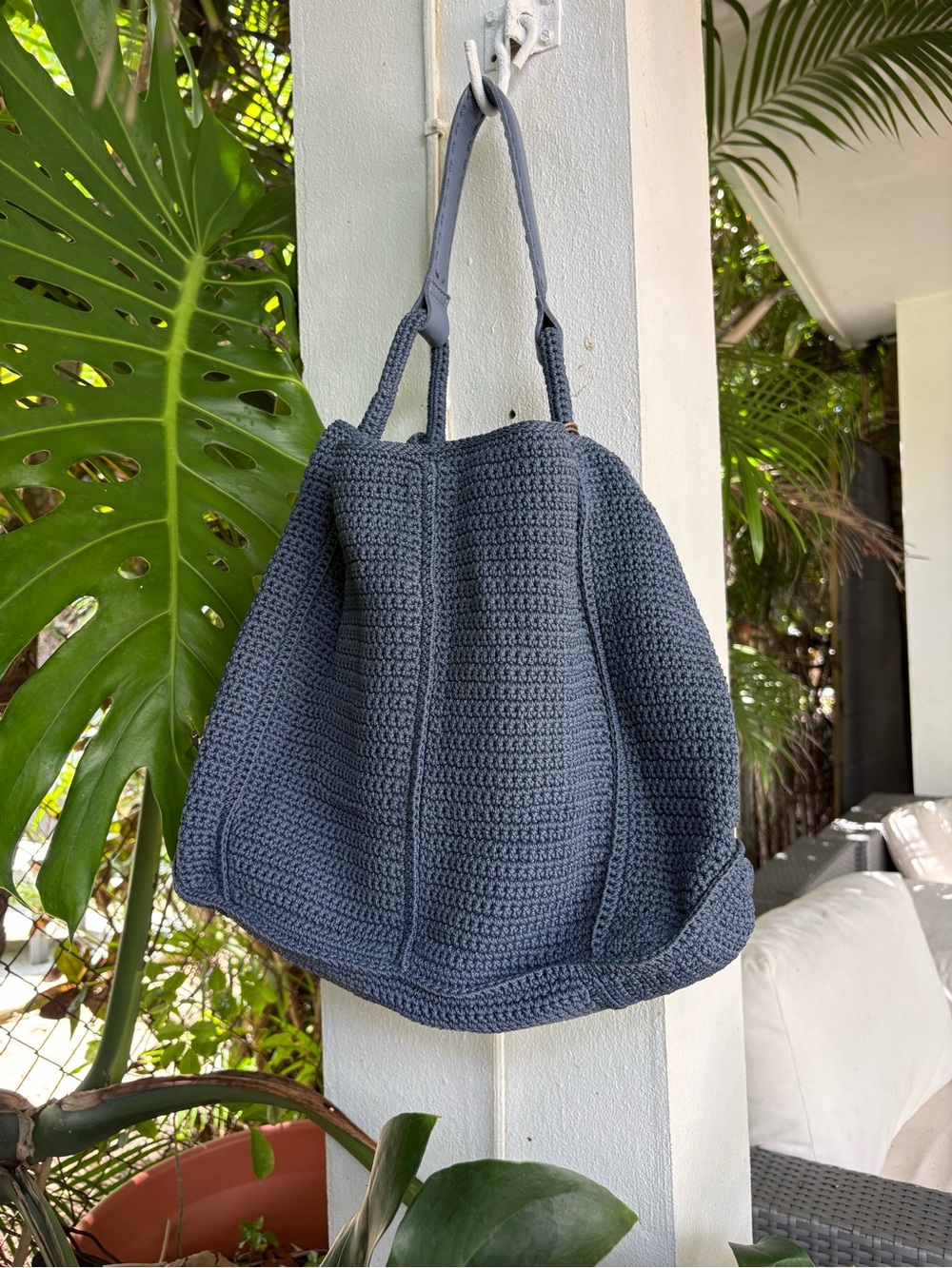 The Sak Los Feliz Blue Crocheted Tote Bag With Charm
